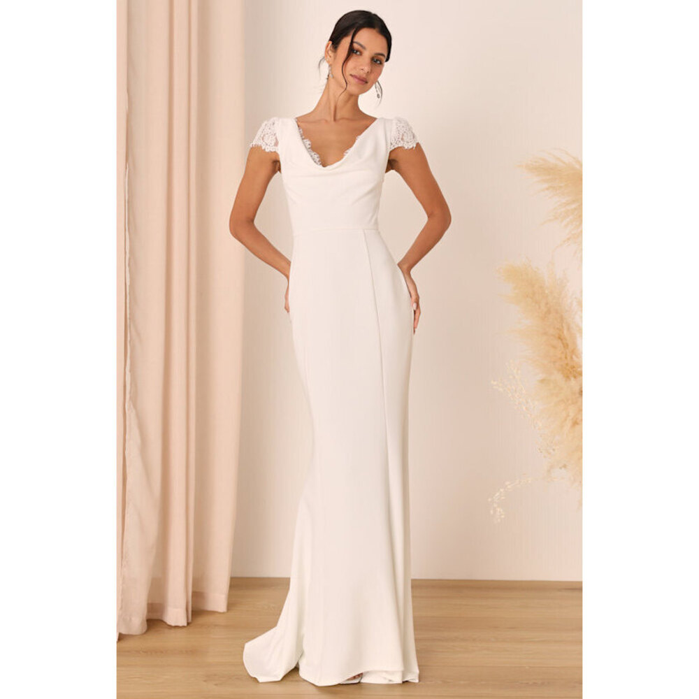 Lulus Forever Beloved White Lace Cap Sleeve Mermaid Maxi Dress - Size S - Picture 1 of 1